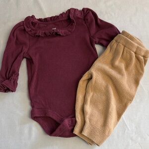 GAP Kids Matching Set - Burgundy long sleeve onesie and Tan knit pants